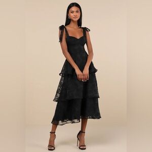 Lulus Glamorous Sweetie Black Burnout Tie-Strap Bustier Midi Dress